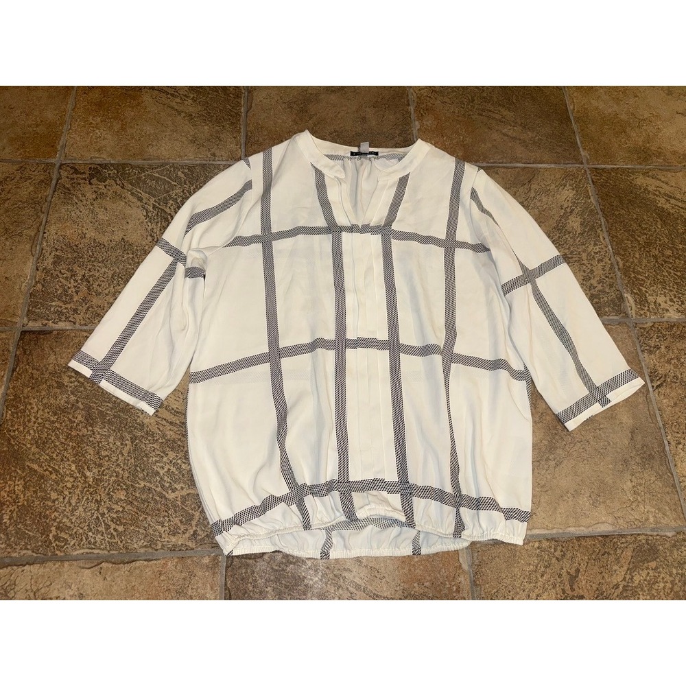 41 Hawthorn Women White Black Windowpane Grid Split Neck Blouse Medium